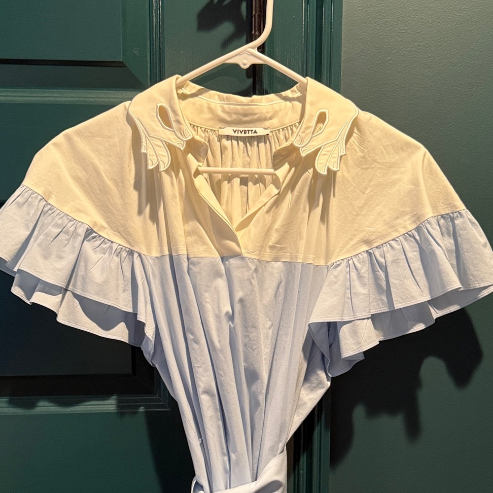 VIVETTA Cream and Light Blue Ruffle-Yoke Midi Dress